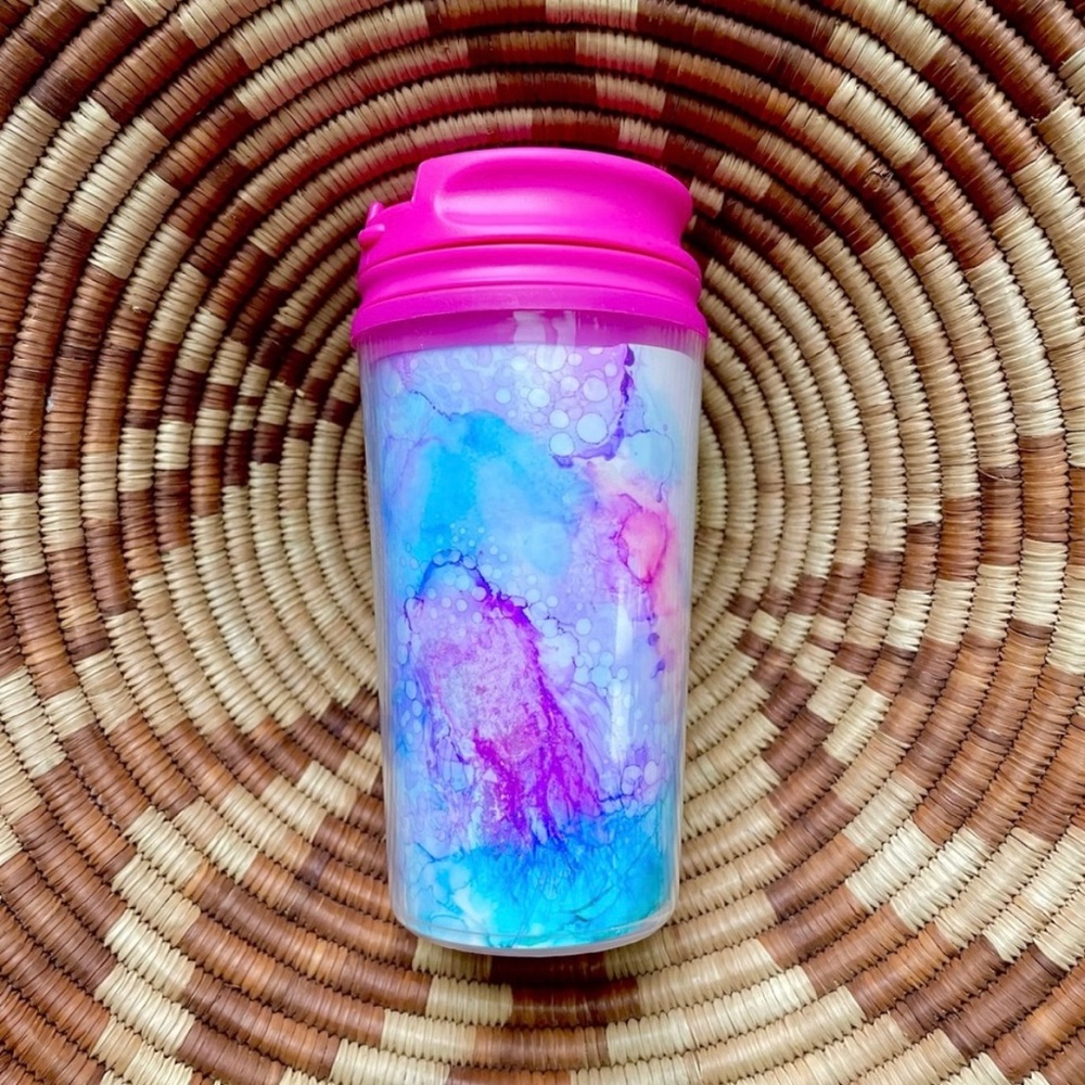 3/$30 PINK OCEAN alcohol ink painted mini travel mug blue NWT